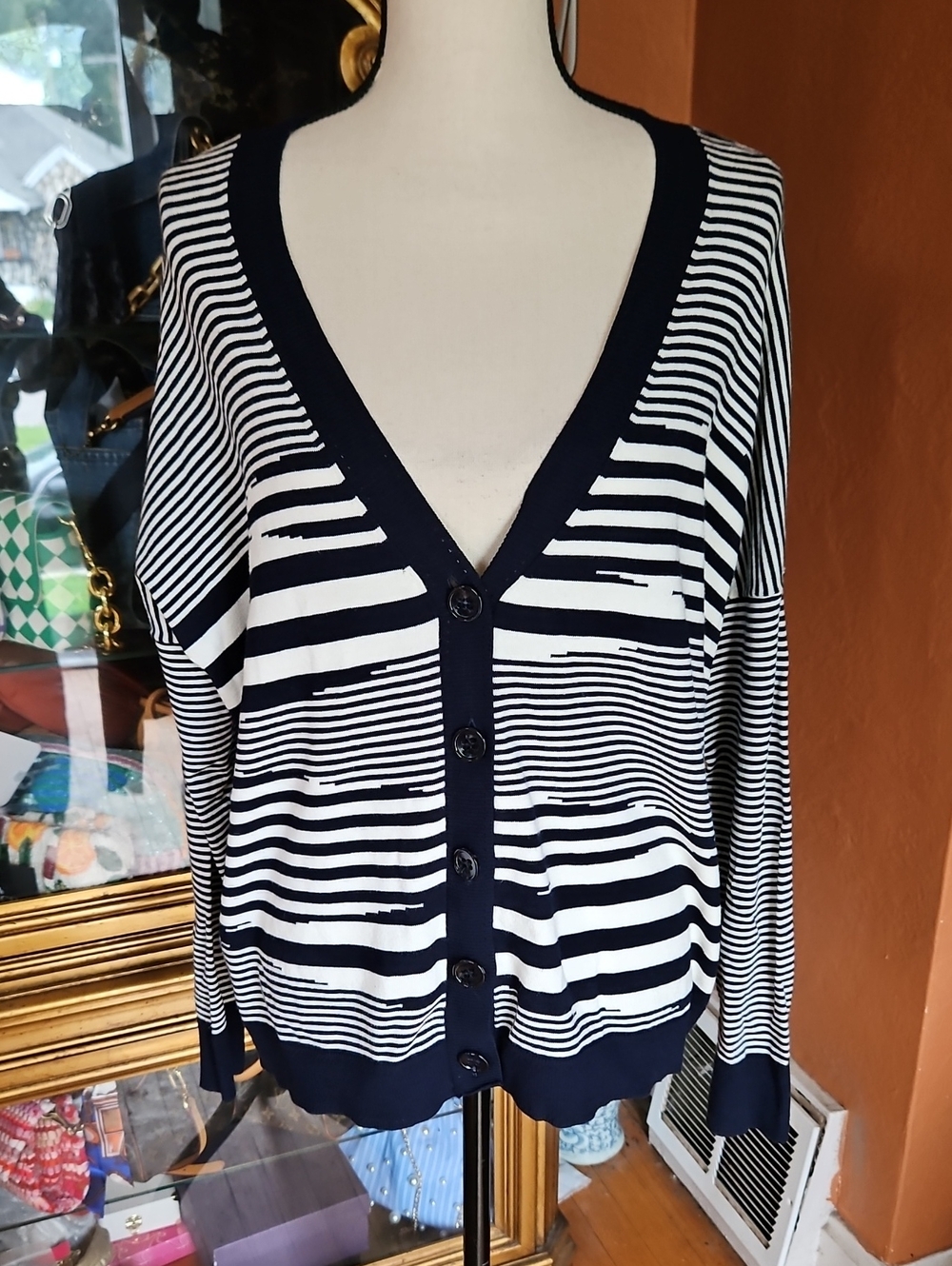 Milly of New York Navy & White Striped V‑Neck Button Cardigan